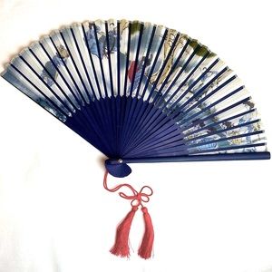 Vintage bamboo, folding fan of Korea with folk picture